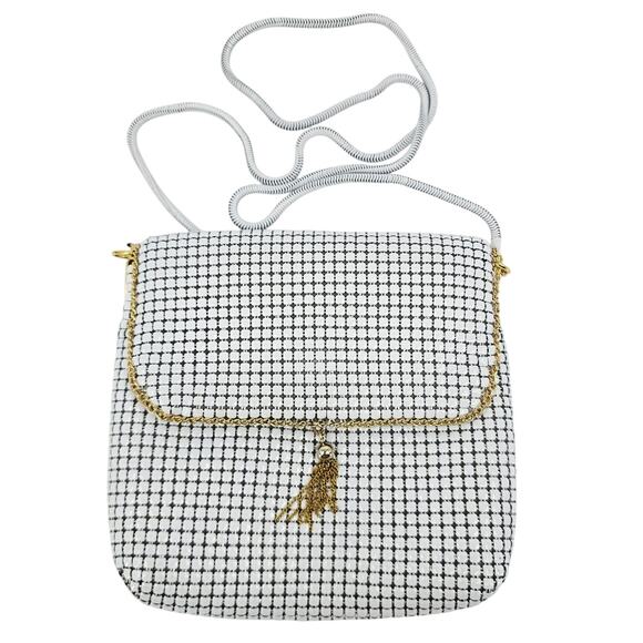 60's Vintage White Metal Mesh Gold Accent Shimmer Crossbody Clutch Evening Bag - Picture 1 of 10